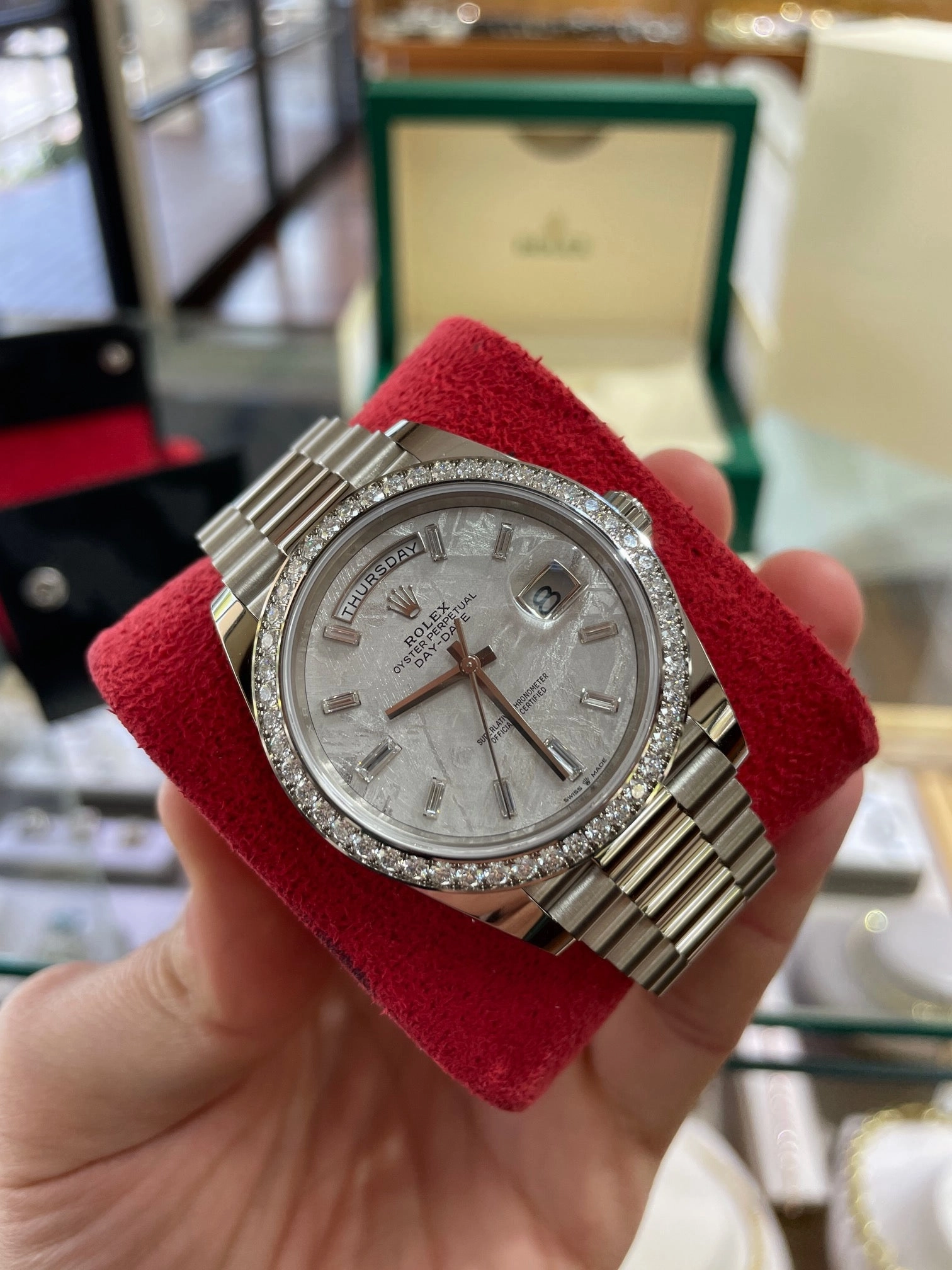 Rolex Day-Date 40 228349RBR White Gold Factory Diamond Bezel Factory Meteorite Dial Box and Papers Unworn