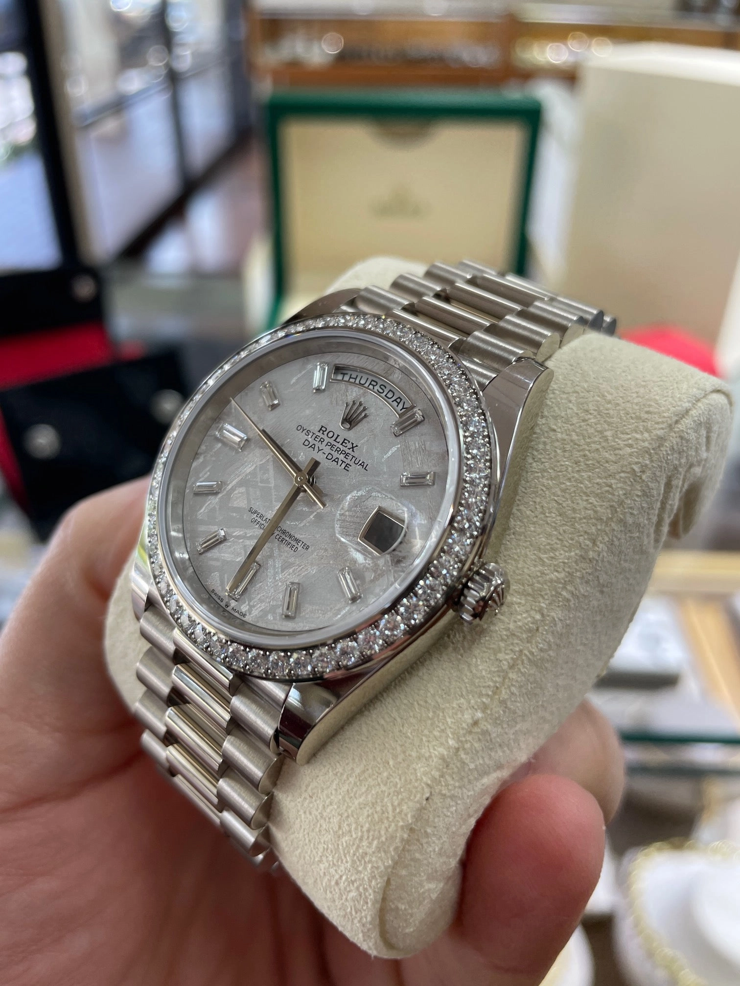 Rolex Day-Date 40 228349RBR White Gold Factory Diamond Bezel Factory Meteorite Dial Box and Papers Unworn