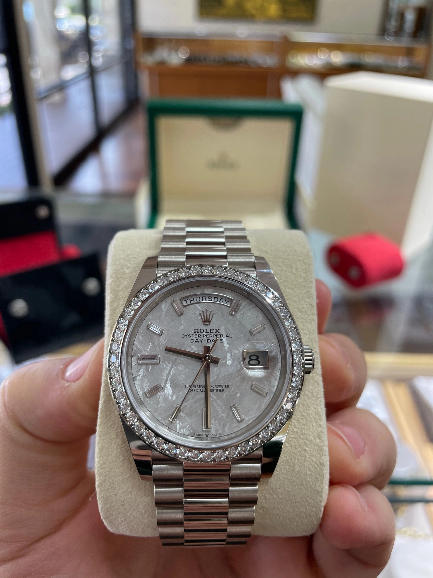 Rolex Day-Date 40 228349RBR White Gold Factory Diamond Bezel Factory Meteorite Dial Box and Papers Unworn