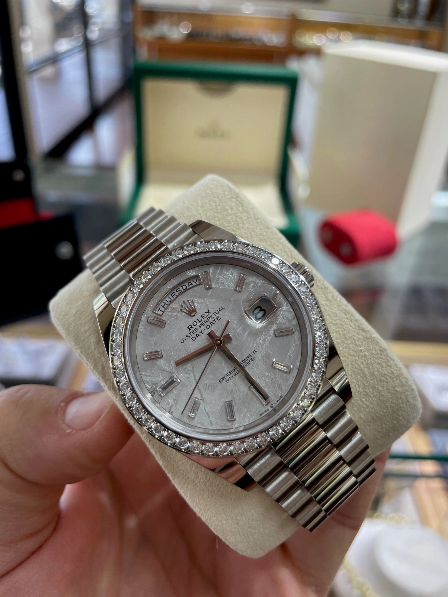 Rolex Day-Date 40 228349RBR White Gold Factory Diamond Bezel Factory Meteorite Dial Box and Papers Unworn
