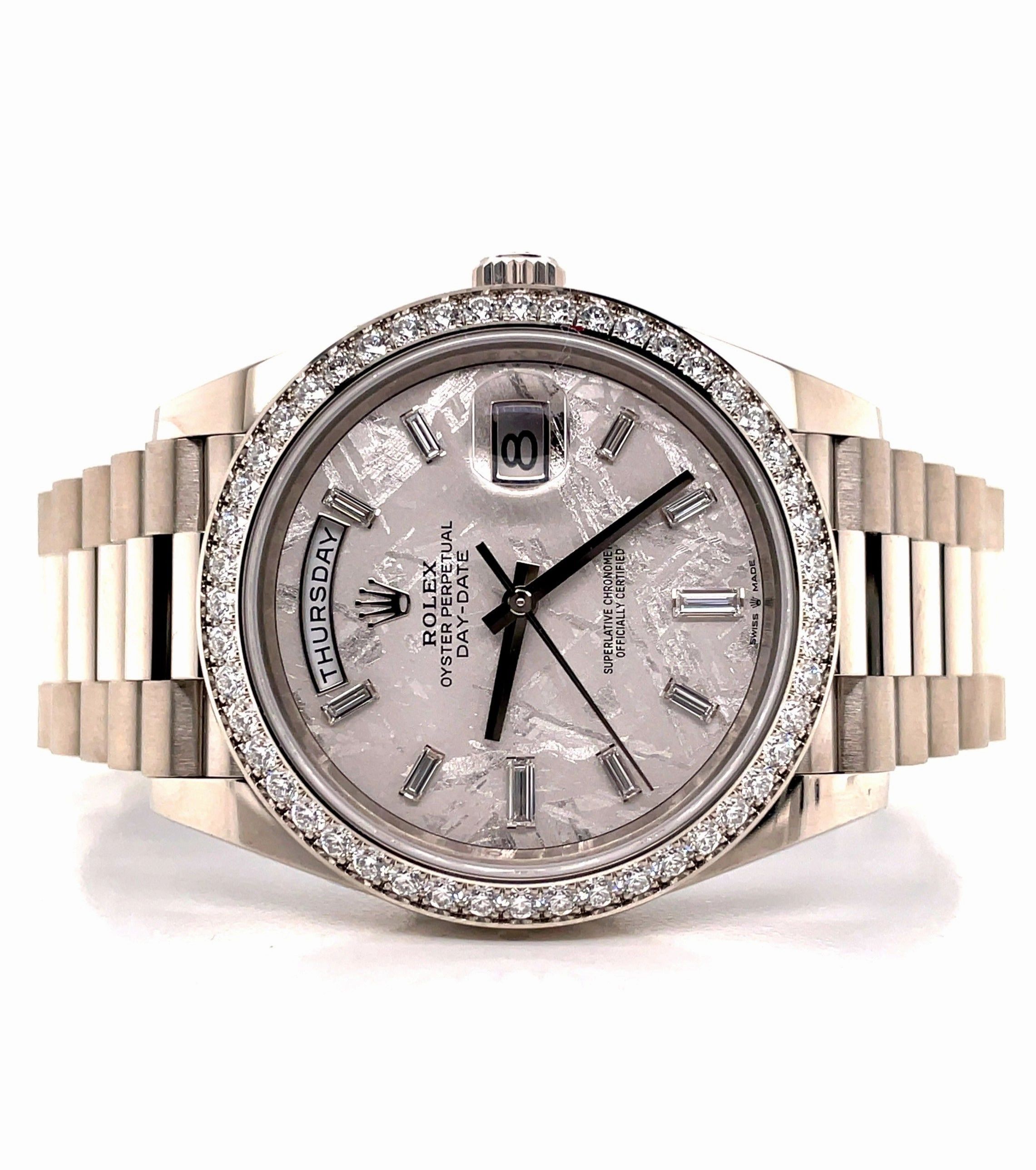 Rolex Day-Date 40 228349RBR White Gold Factory Diamond Bezel Factory Meteorite Dial Box and Papers Unworn