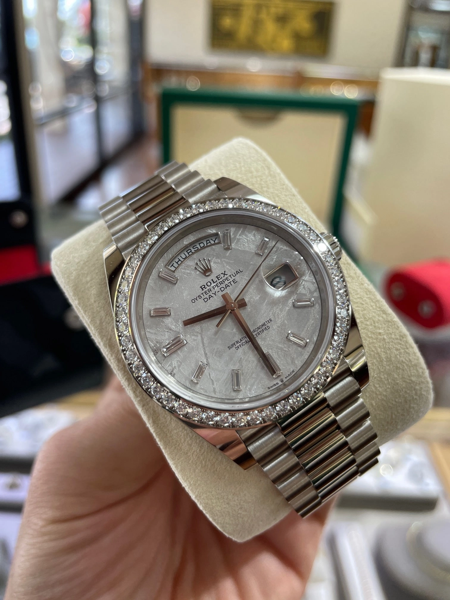 Rolex Day-Date 40 228349RBR White Gold Factory Diamond Bezel Factory Meteorite Dial Box and Papers Unworn