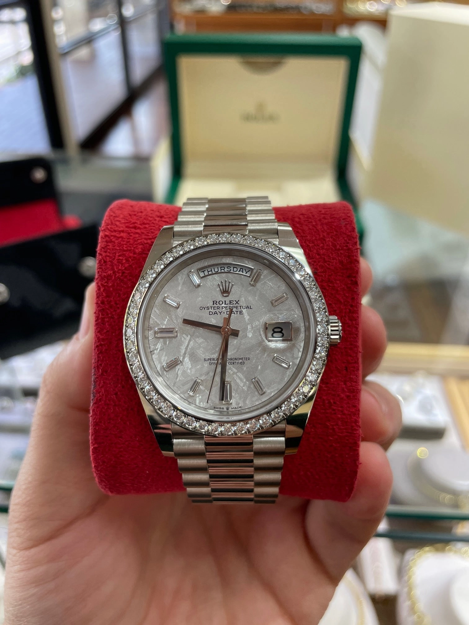 Rolex Day-Date 40 228349RBR White Gold Factory Diamond Bezel Factory Meteorite Dial Box and Papers Unworn