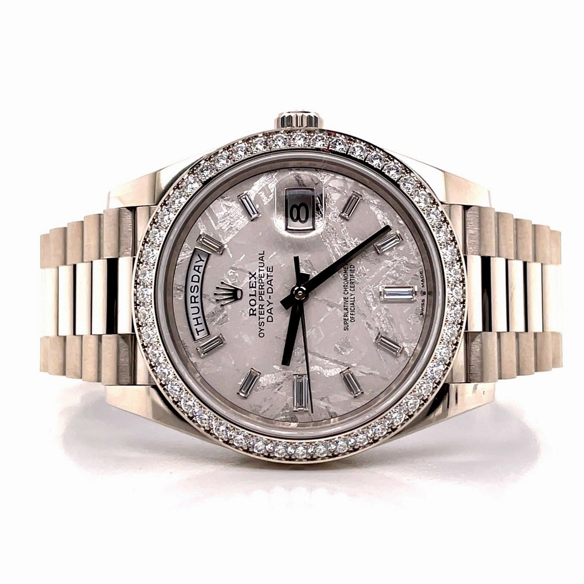 Rolex Day-Date 40 228349RBR White Gold Factory Diamond Bezel Factory Meteorite Dial Box and Papers Unworn