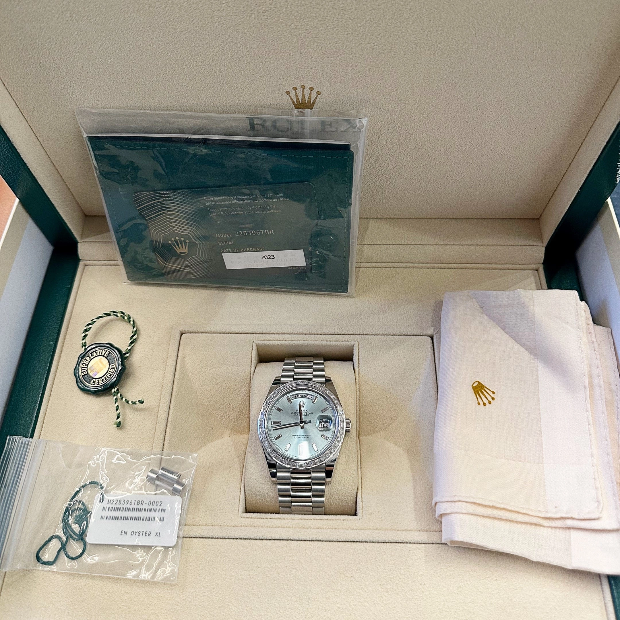 Rolex Day-Date 40 228396TBR Platinum Diamond Bezel Ice Blue Diamond Dial (2023)