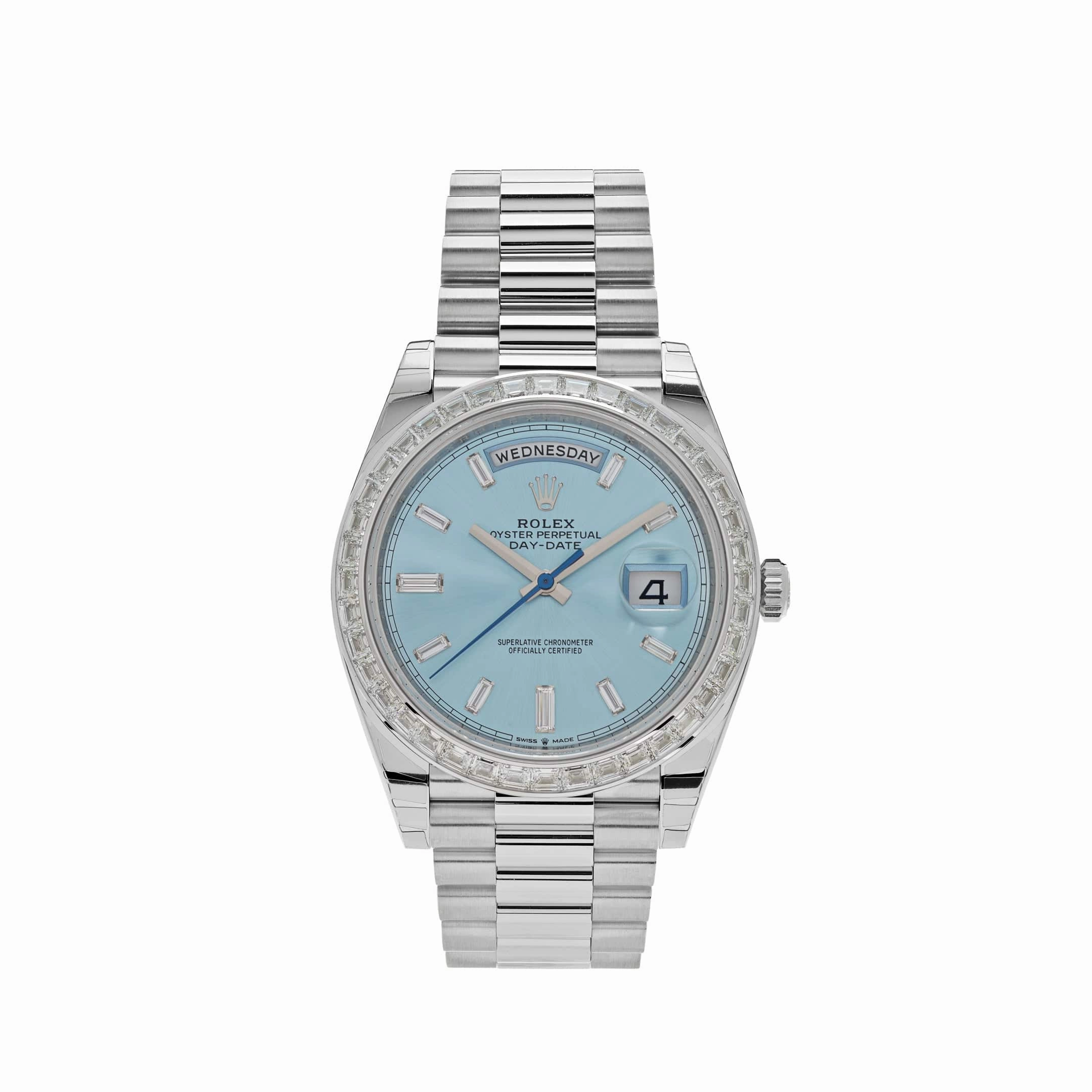 Rolex Day-Date 40 228396TBR Platinum Diamond Bezel Ice Blue Diamond Dial (2023)