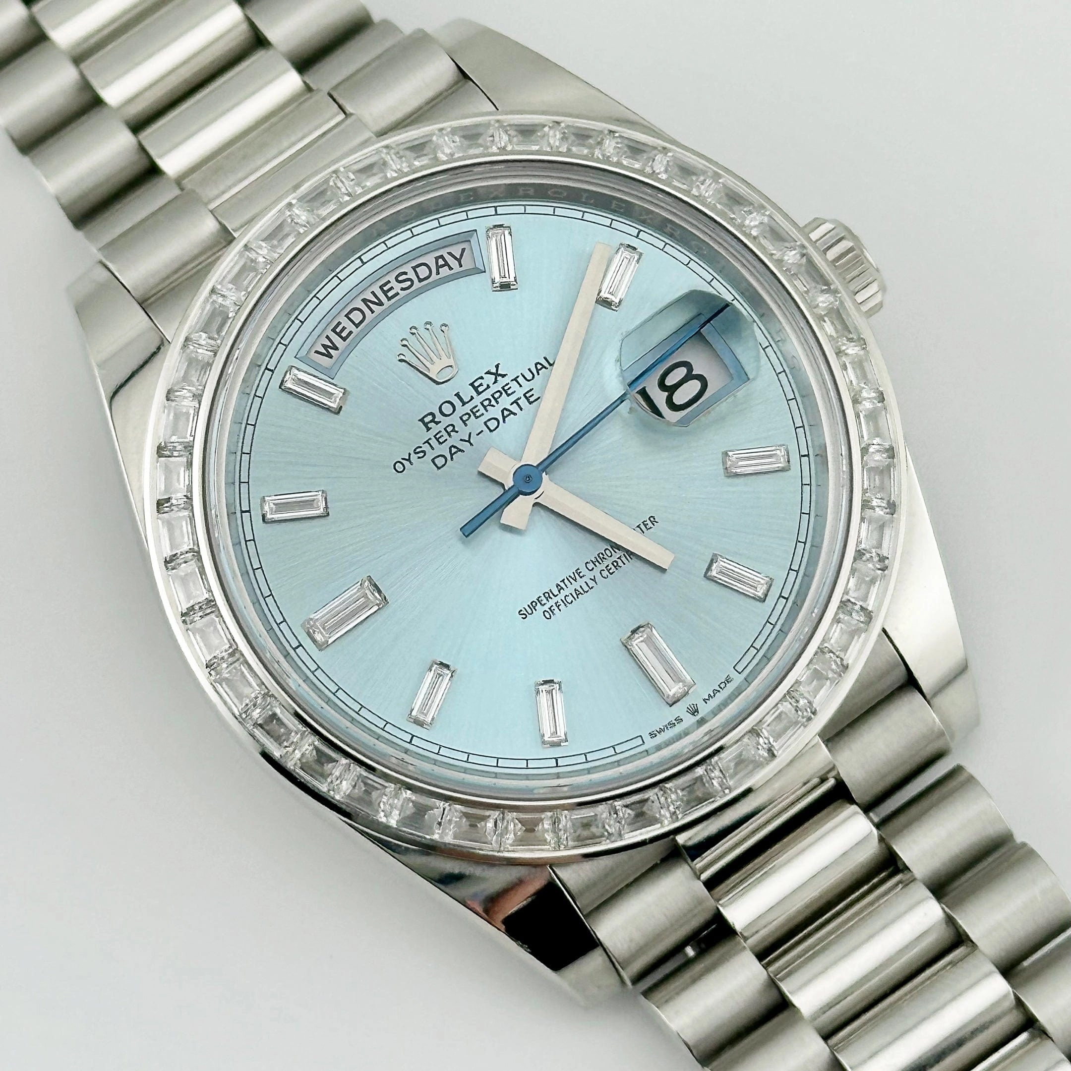 Rolex Day-Date 40 228396TBR Platinum Diamond Bezel Ice Blue Diamond Dial (2023)