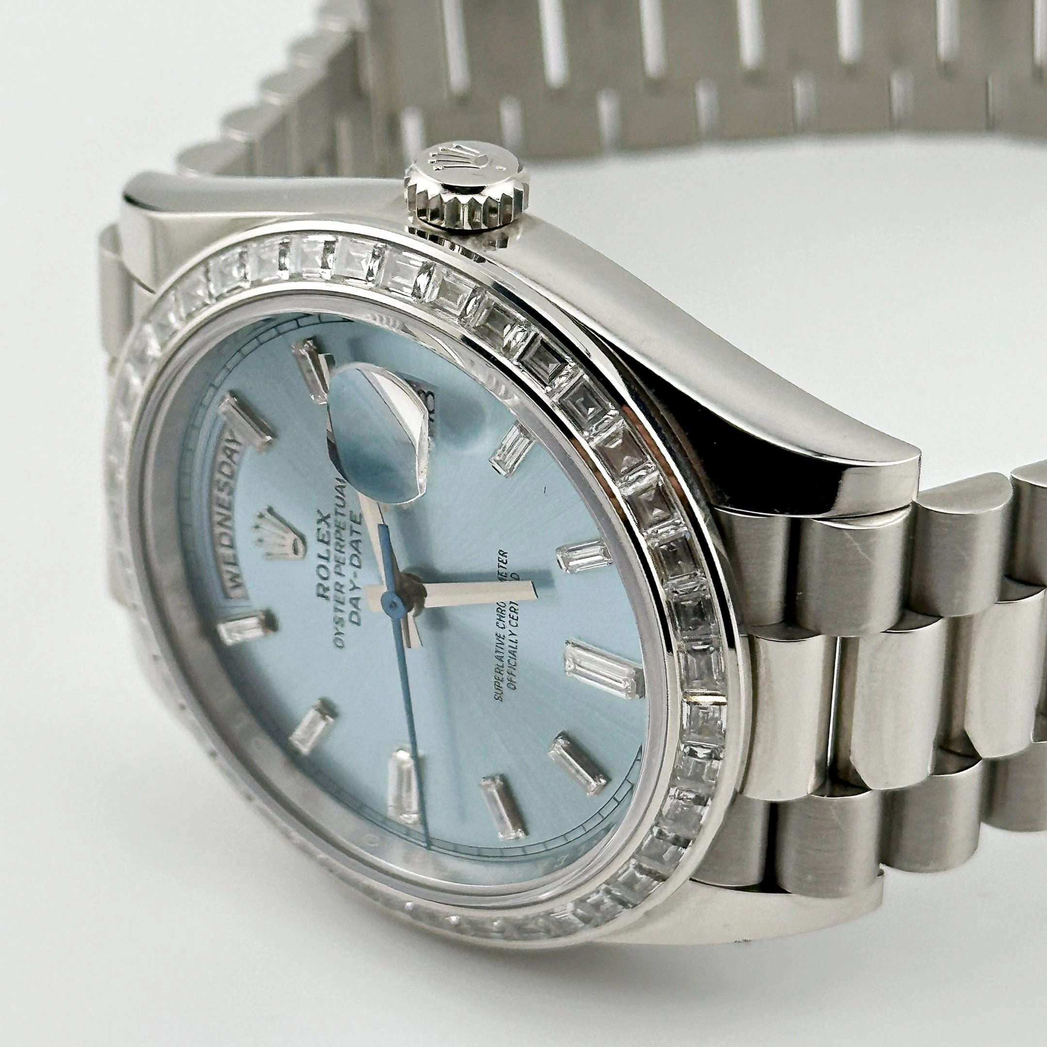 Rolex Day-Date 40 228396TBR Platinum Diamond Bezel Ice Blue Diamond Dial (2023)