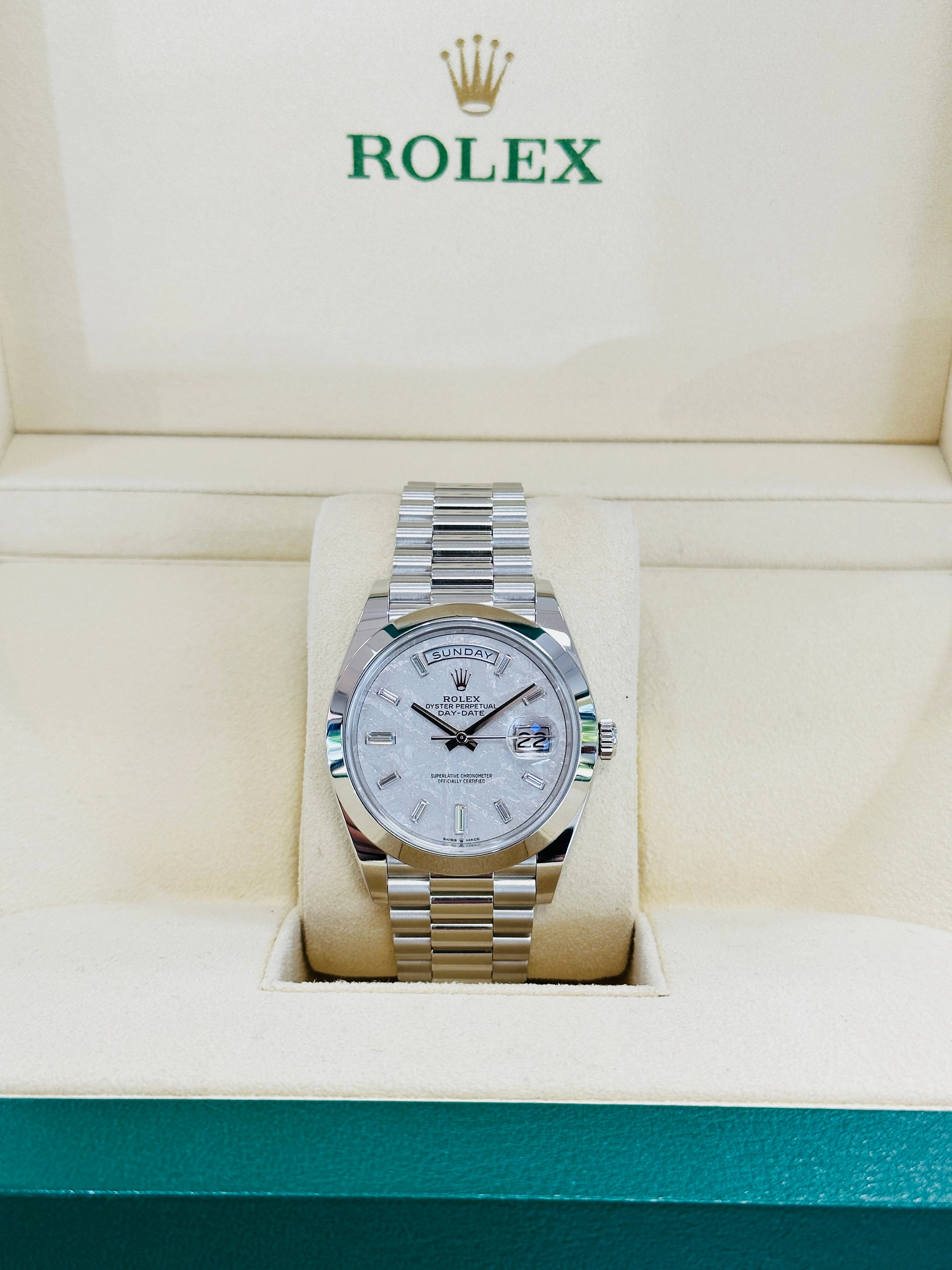 Rolex Day-Date 40 President 228206 Factory Baguette Diamond Meteorite Dial PreOwned