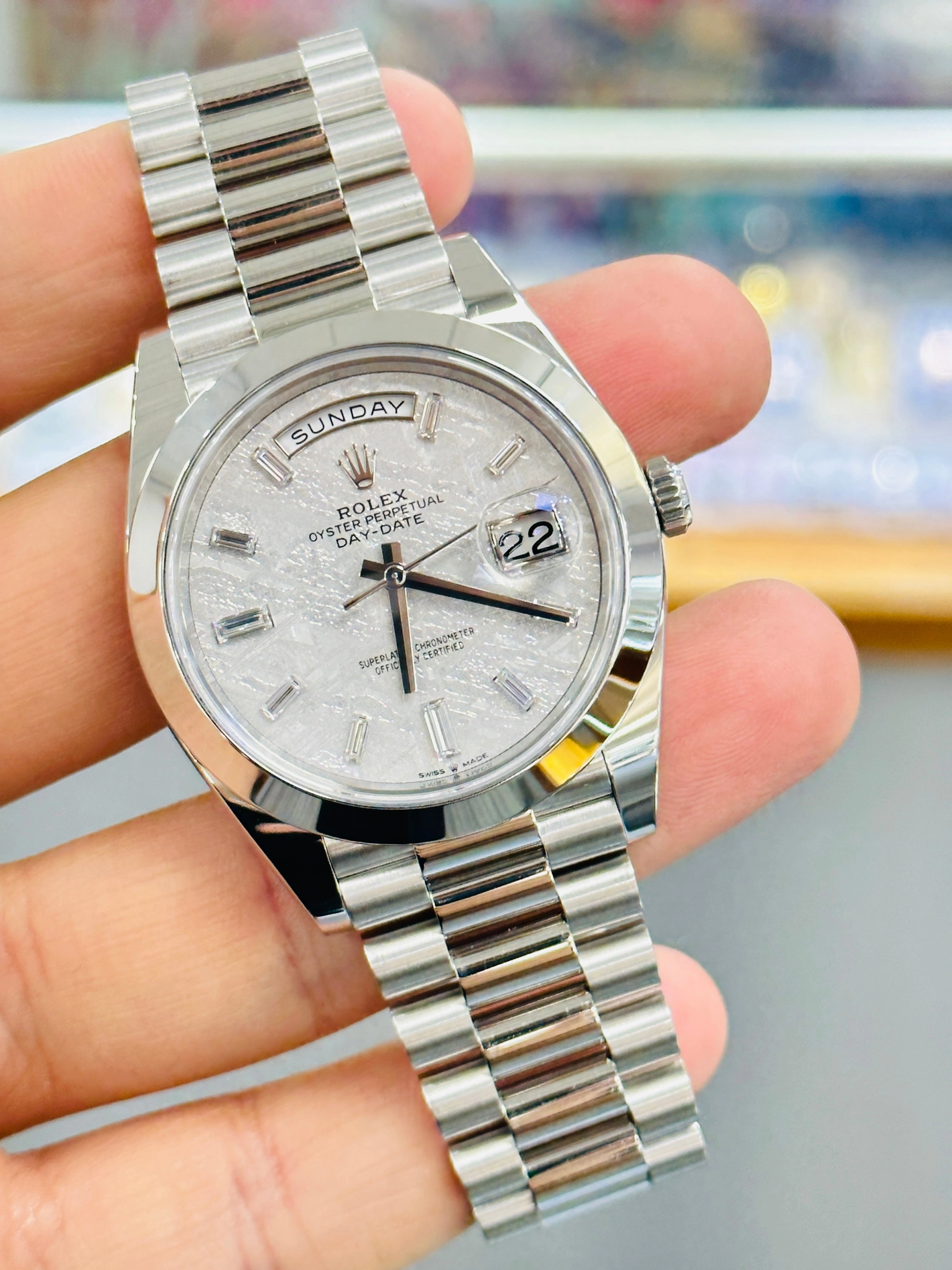 Rolex Day-Date 40 President 228206 Factory Baguette Diamond Meteorite Dial PreOwned