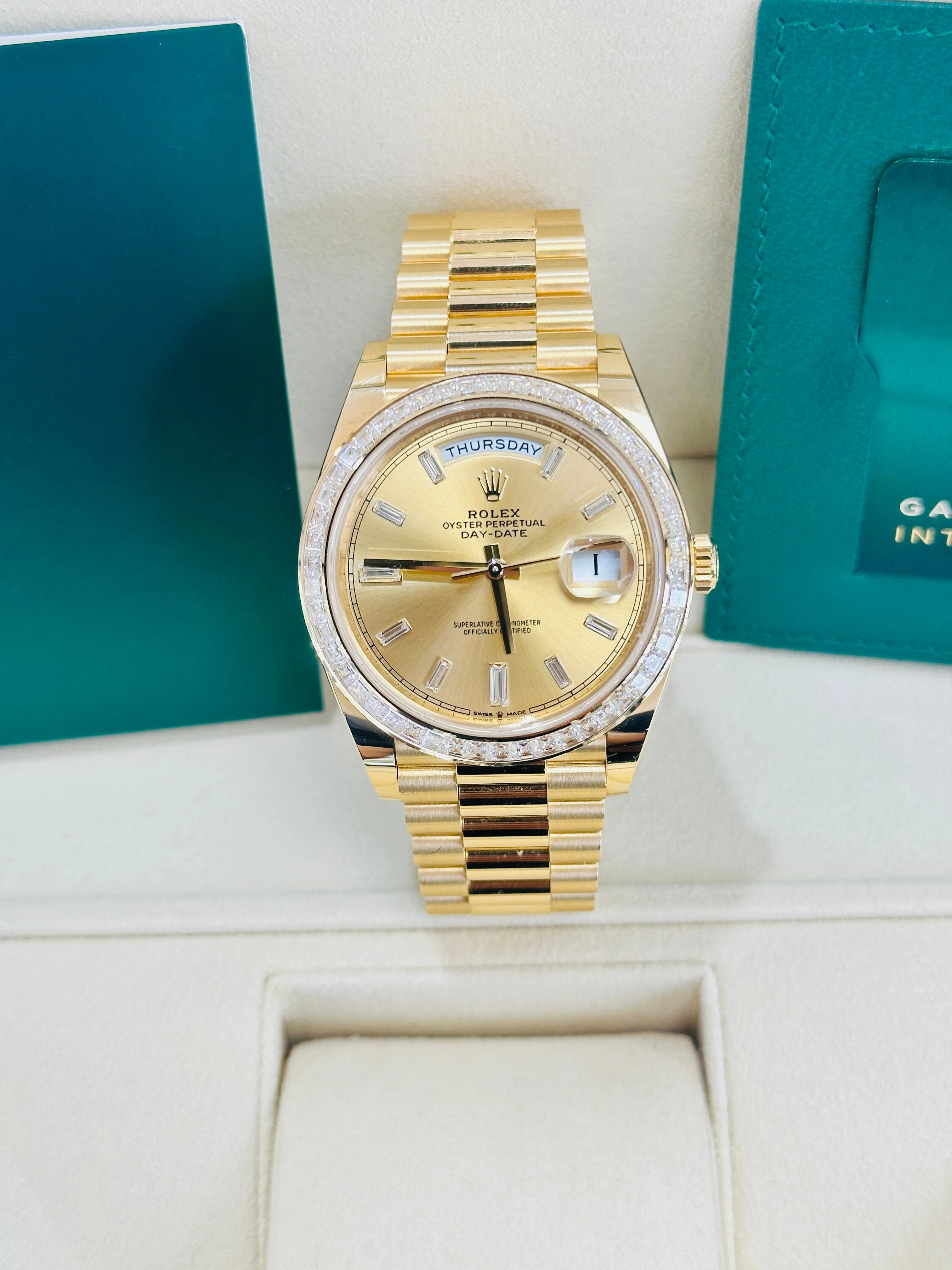 Rolex Day-Date 40 Yellow Gold Baguette Yellow gold Bezel  Factory Baguette Diamond Champagne Dial 228398TBR Box and Papers
