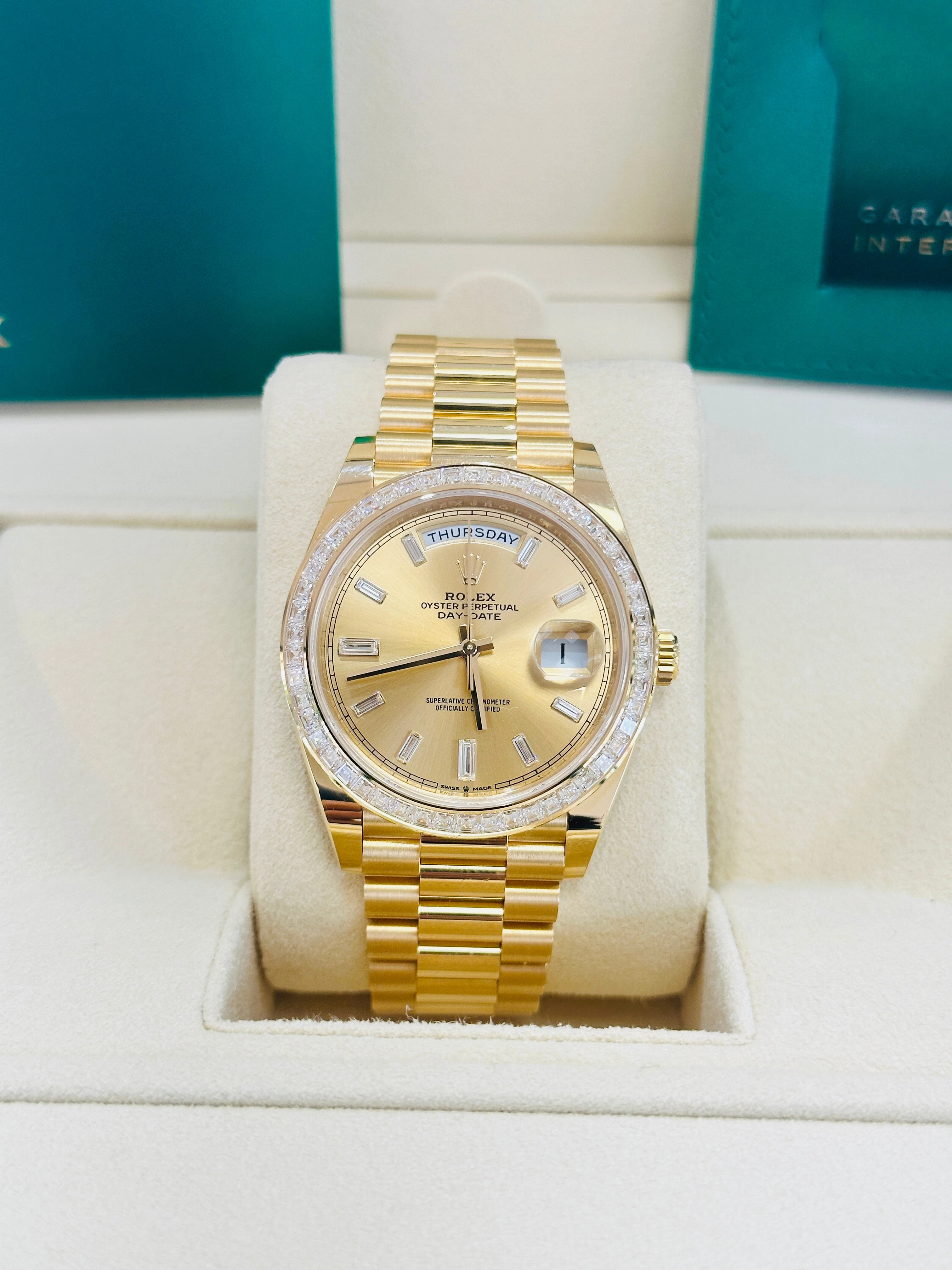 Rolex Day-Date 40 Yellow Gold Baguette Yellow gold Bezel  Factory Baguette Diamond Champagne Dial 228398TBR Box and Papers