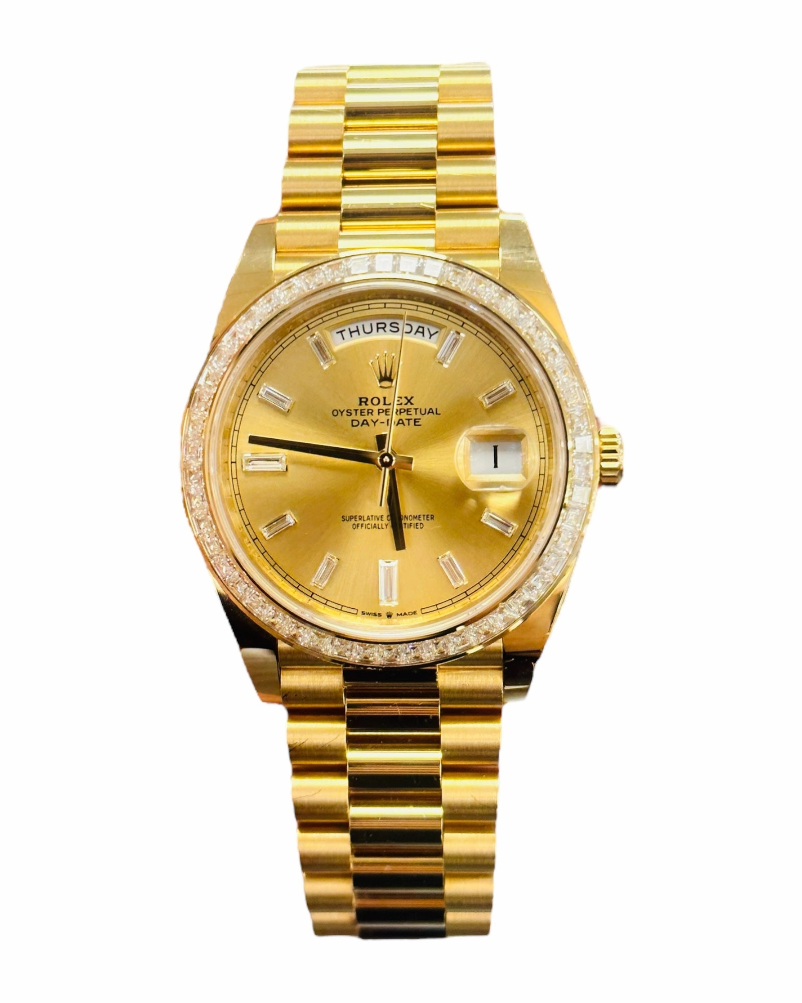 Rolex Day-Date 40 Yellow Gold Baguette Yellow gold Bezel  Factory Baguette Diamond Champagne Dial 228398TBR Box and Papers