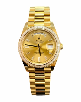 Rolex Day-Date 40 Yellow Gold Baguette Yellow gold Bezel  Factory Baguette Diamond Champagne Dial 228398TBR Box and Papers