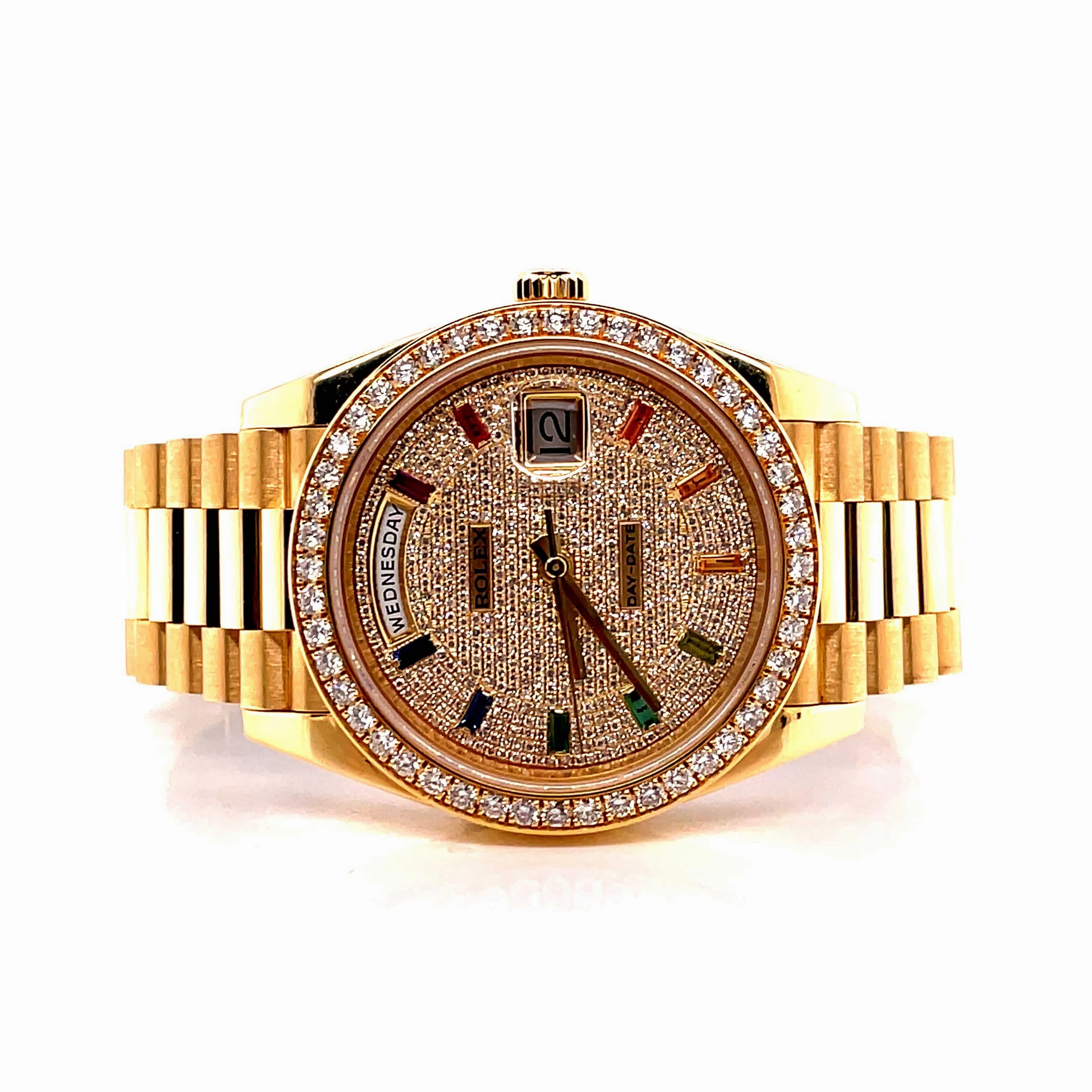 Rolex Day-Date 40mm 228238 Custom Sapphire Rainbow Diamond Dial and Diamond Bezel