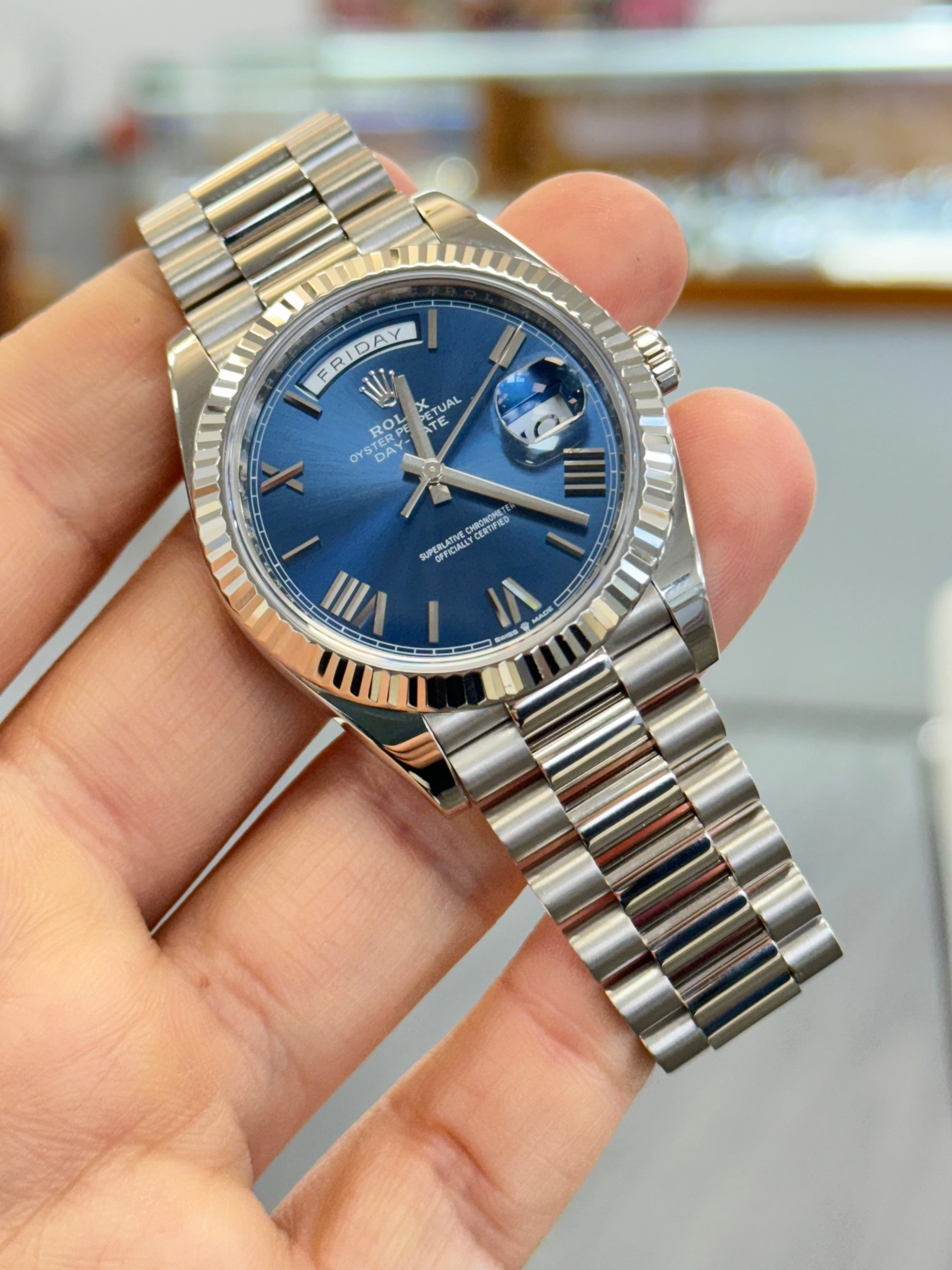 Rolex Day-Date 40mm 228239 Factory Blue Roman Dial Box and Papers MINT