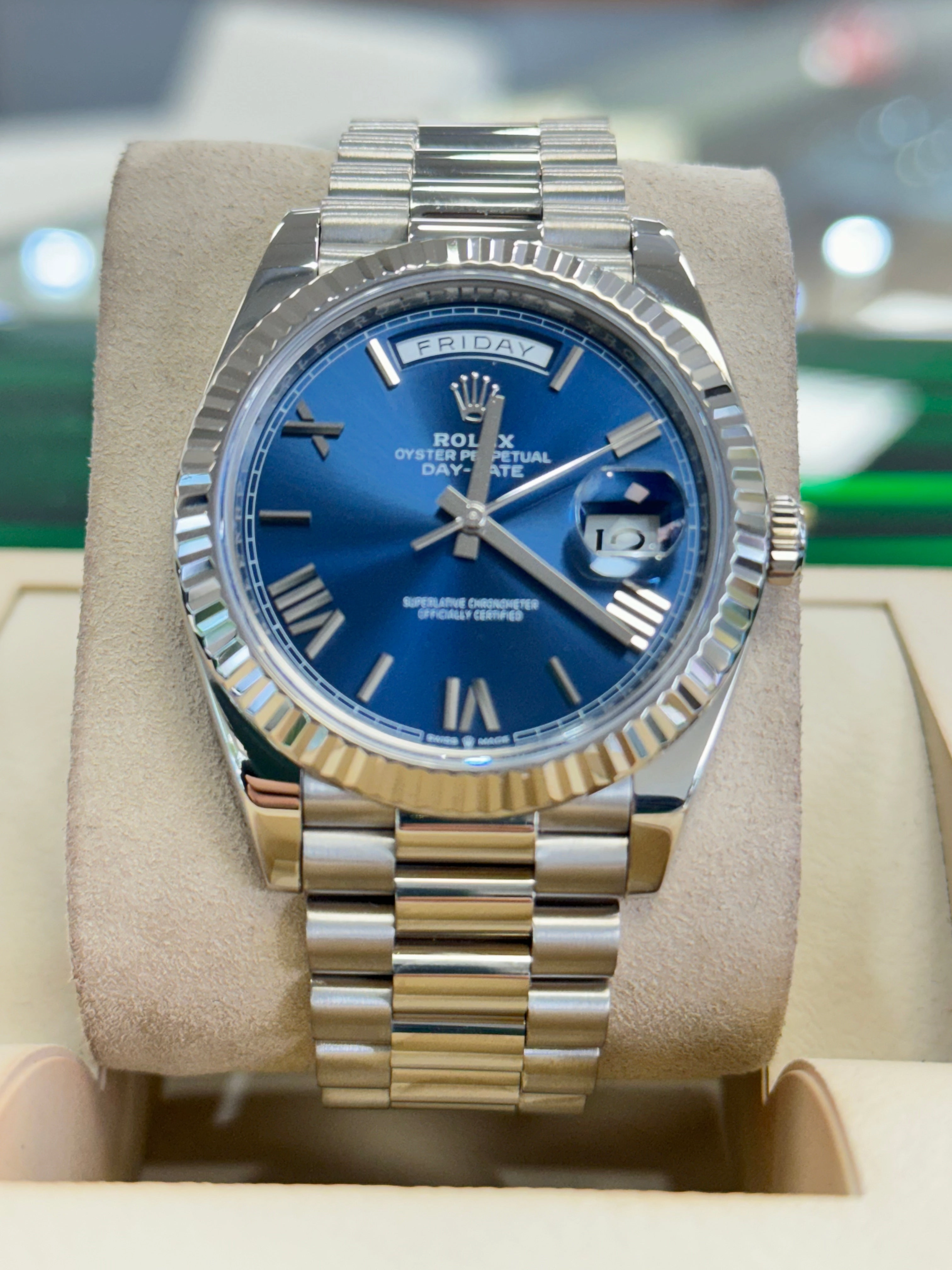 Rolex Day-Date 40mm 228239 Factory Blue Roman Dial Box and Papers MINT