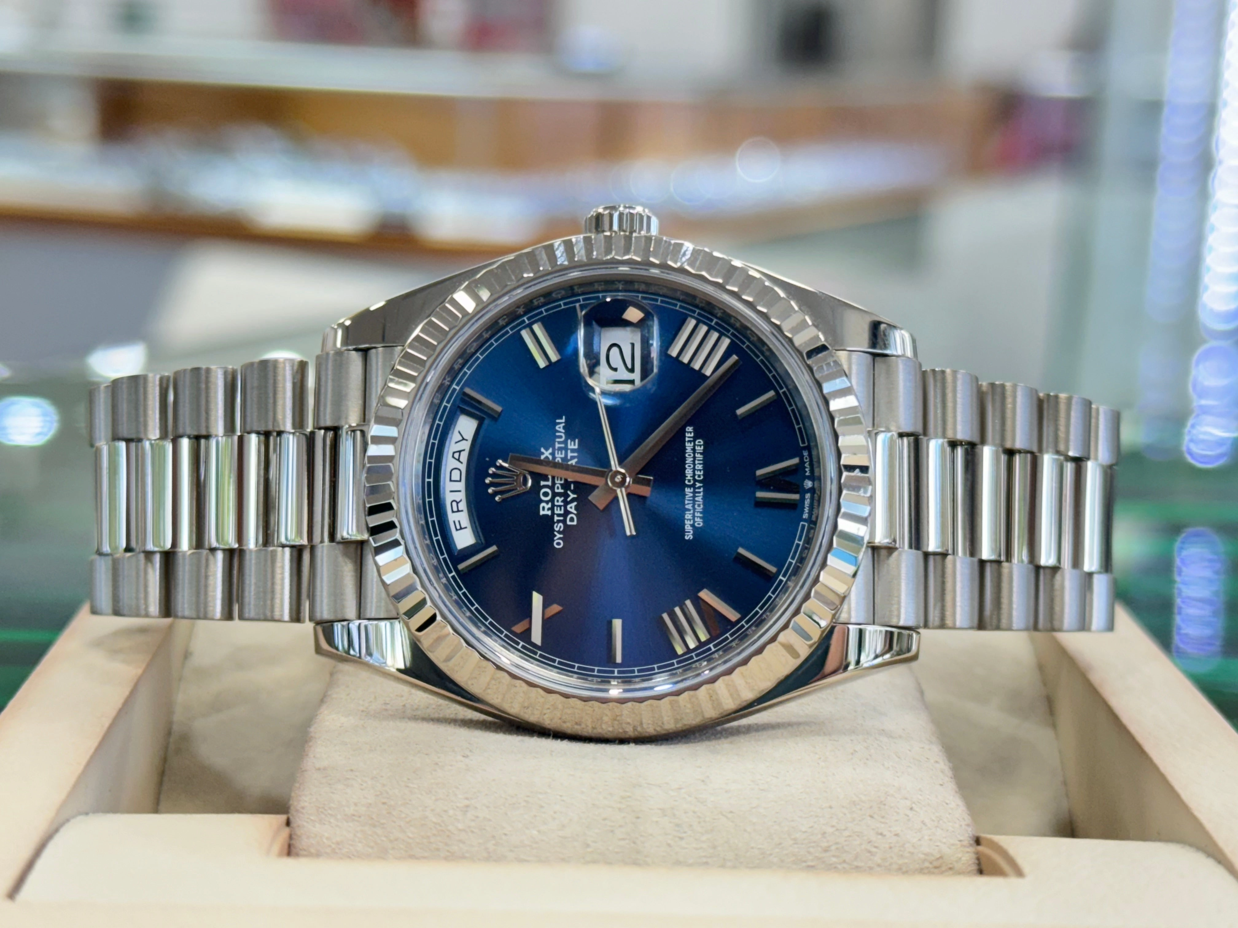 Rolex Day-Date 40mm 228239 Factory Blue Roman Dial Box and Papers MINT