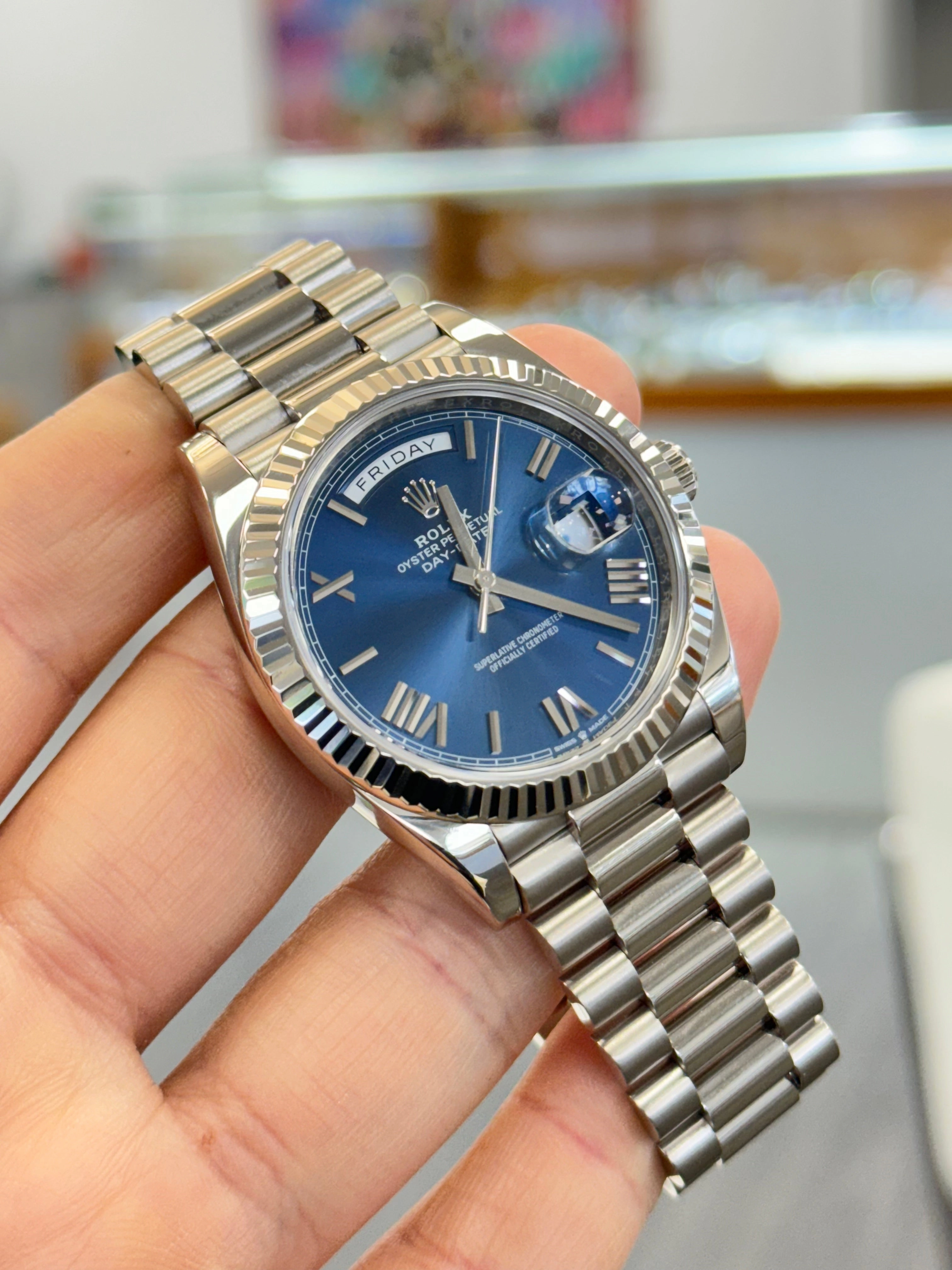 Rolex Day-Date 40mm 228239 Factory Blue Roman Dial Box and Papers MINT