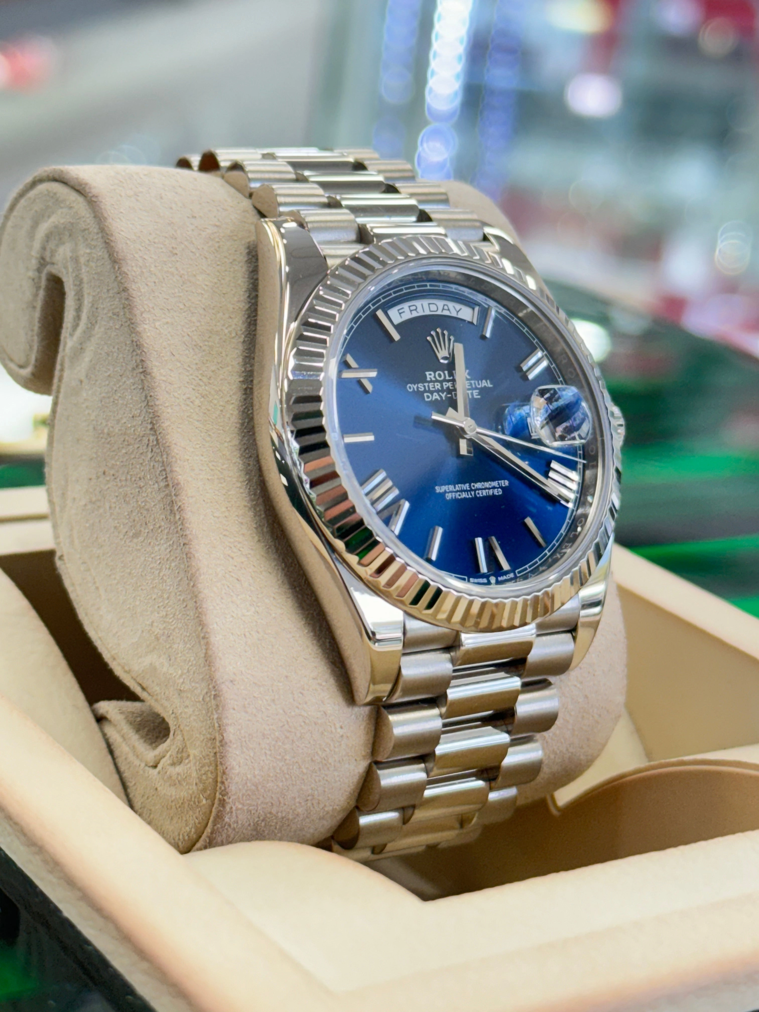Rolex Day-Date 40mm 228239 Factory Blue Roman Dial Box and Papers MINT
