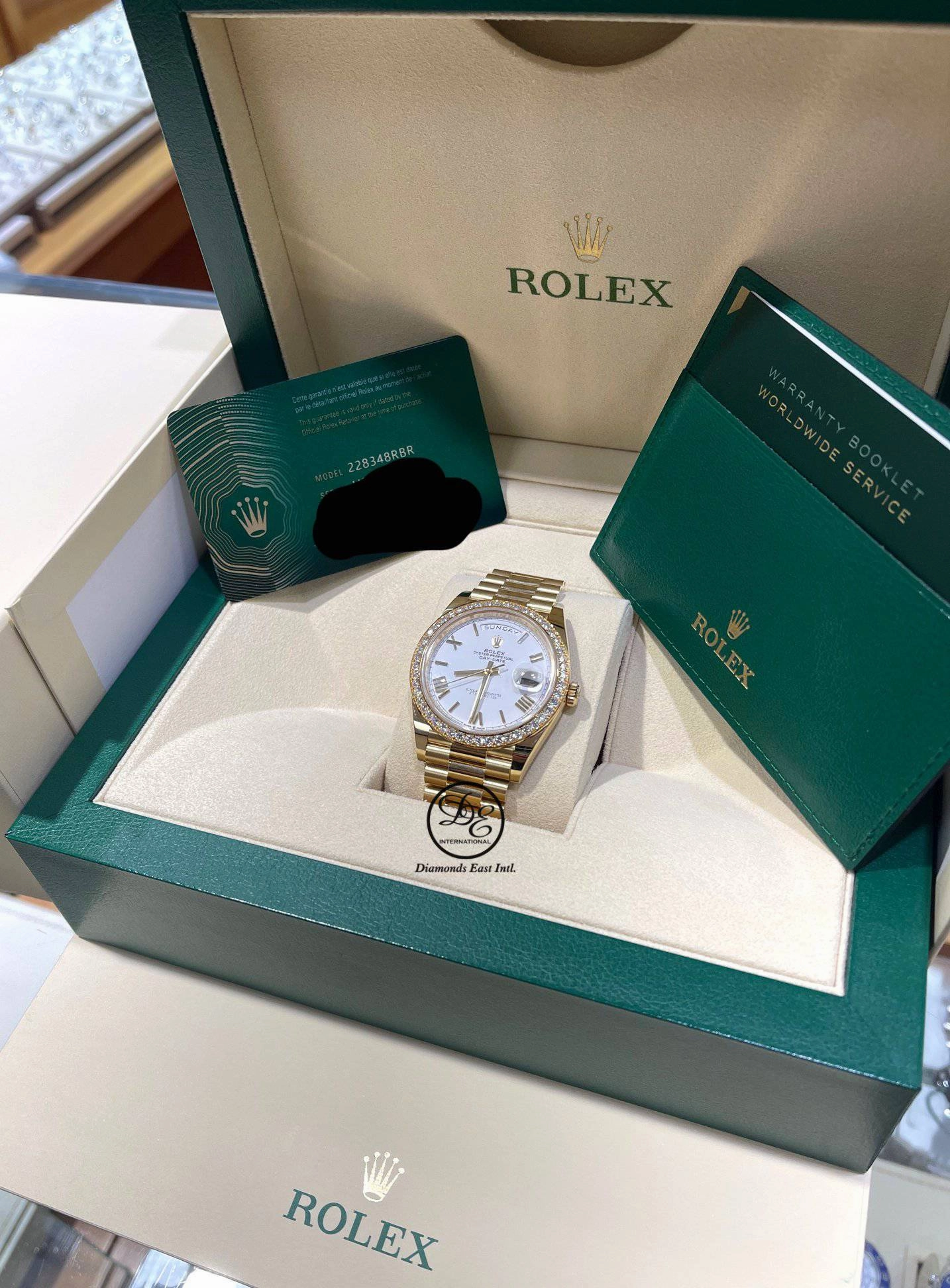 Rolex Day-Date 40mm 228348 RBR Factory Diamond Bezel White Roman Dial UNWORN