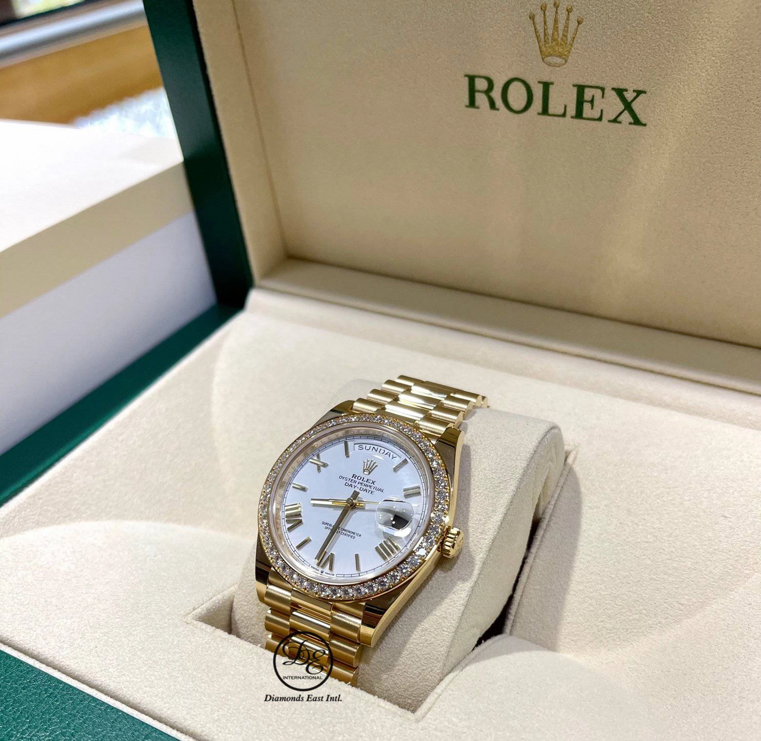 Rolex Day-Date 40mm 228348 RBR Factory Diamond Bezel White Roman Dial UNWORN