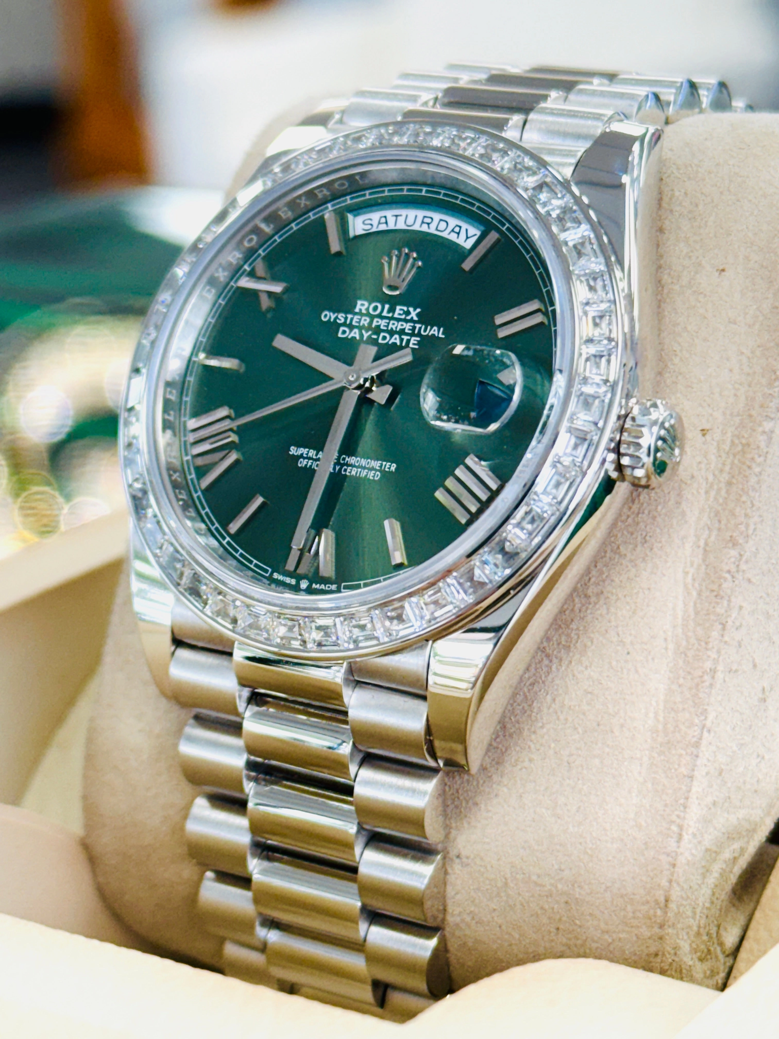 Rolex Day-Date 40mm 228396TBR Factory Baguette Bezel Factory Green Roman Olive Dial MINT