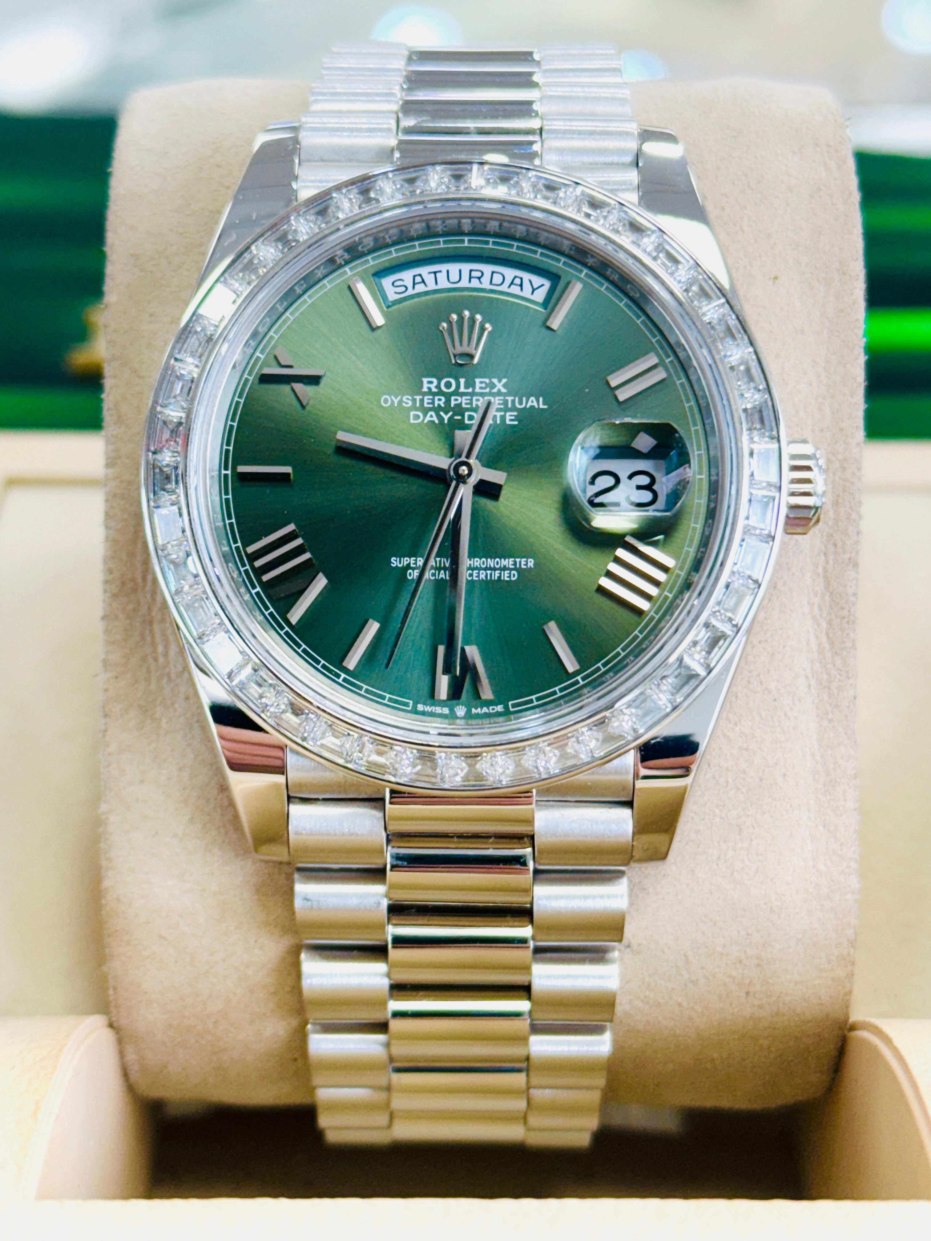 Rolex Day-Date 40mm 228396TBR Factory Baguette Bezel Factory Green Roman Olive Dial MINT