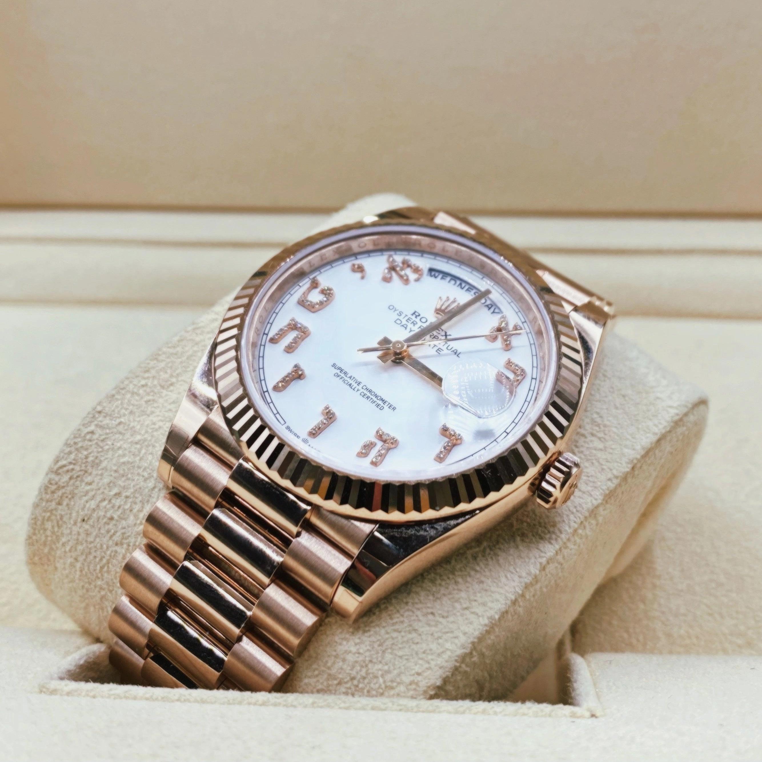 Rolex Day Date 40mm - Ref: 228235 - White Hebrew Dial, & Fluted Bezel, 18K Rose Gold President Bracelet Men's Watch