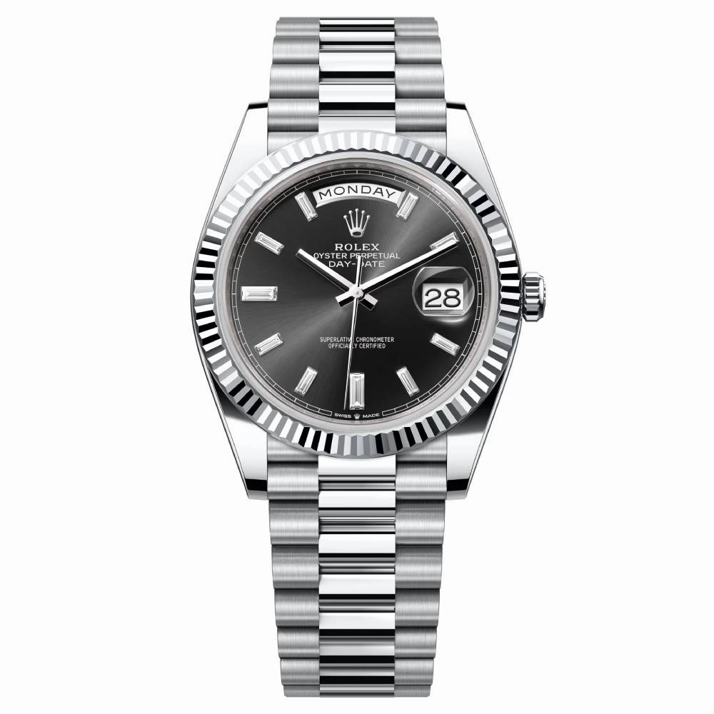 Rolex Day Date 40mm - Ref: 228236-0004 -  Black Diamond Dial & Fluted Bezel, Platinum President Bracelet Men's Watch