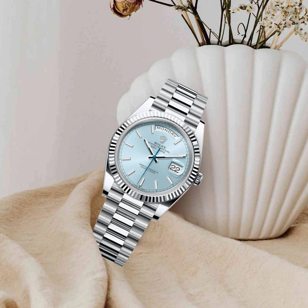 Rolex Day Date 40mm - Ref: 228236 - Ice Blue Stick Dial & Fluted Bezel, Platinum President Bracelet Men's Watch