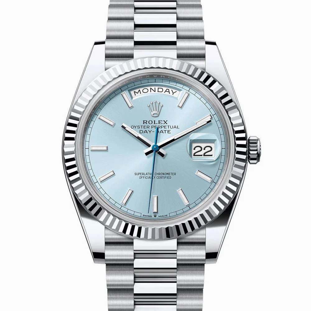 Rolex Day Date 40mm - Ref: 228236 - Ice Blue Stick Dial & Fluted Bezel, Platinum President Bracelet Men's Watch