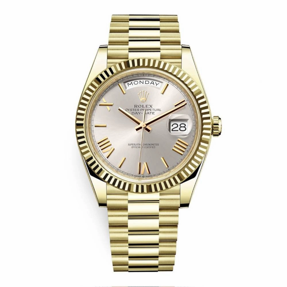 Rolex Day Date 40mm - Ref: 228238-0002 - Silver Roman Dial & Fluted Bezel, 18K Yellow Gold President Bracelet Men's Watch