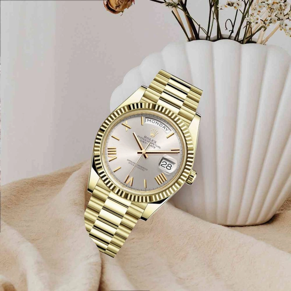 Rolex Day Date 40mm - Ref: 228238-0002 - Silver Roman Dial & Fluted Bezel, 18K Yellow Gold President Bracelet Men's Watch