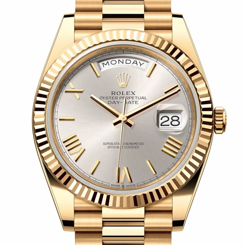 Rolex Day Date 40mm - Ref: 228238-0002 - Silver Roman Dial & Fluted Bezel, 18K Yellow Gold President Bracelet Men's Watch