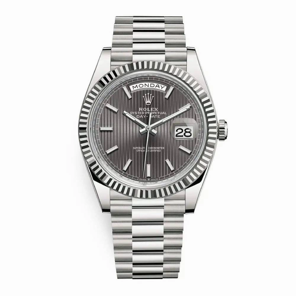 Rolex Day Date 40mm - Ref: 228239-0002 - Dark Rhodium Stripe Motif Stick Dial & Fluted Bezel, 18K White Gold President Bracelet Men's Watch