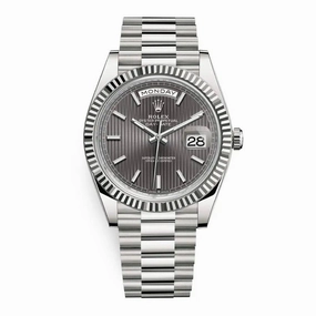 Rolex Day Date 40mm - Ref: 228239-0002 - Dark Rhodium Stripe Motif Stick Dial & Fluted Bezel, 18K White Gold President Bracelet Men's Watch