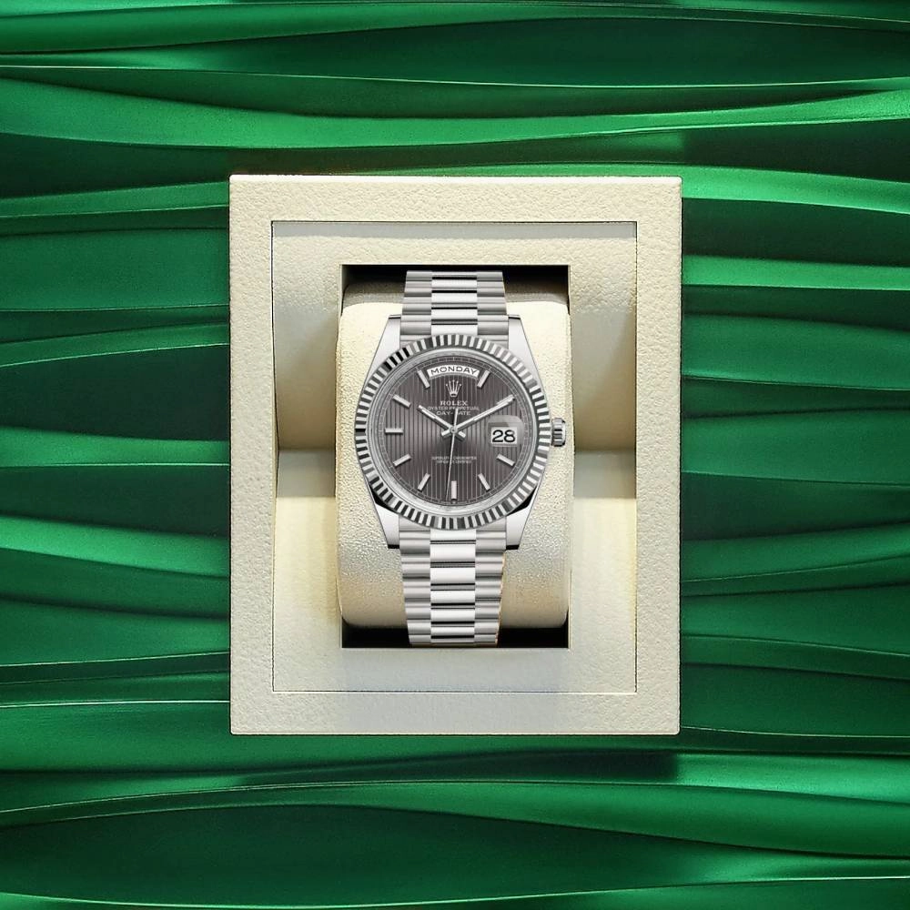Rolex Day Date 40mm - Ref: 228239-0002 - Dark Rhodium Stripe Motif Stick Dial & Fluted Bezel, 18K White Gold President Bracelet Men's Watch