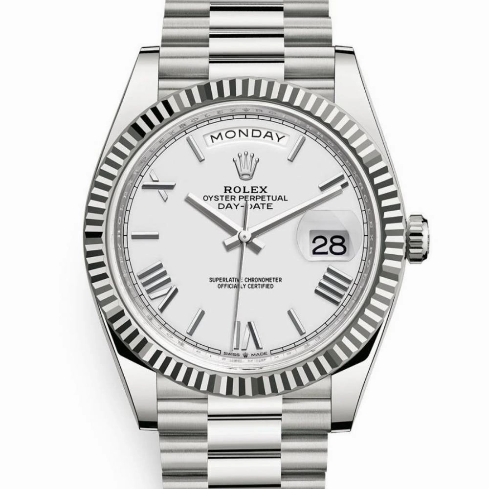 Rolex Day Date 40mm - Ref: 228239-0046 - White Roman Dial & Fluted Bezel, 18K White Gold President Bracelet Men's Watch