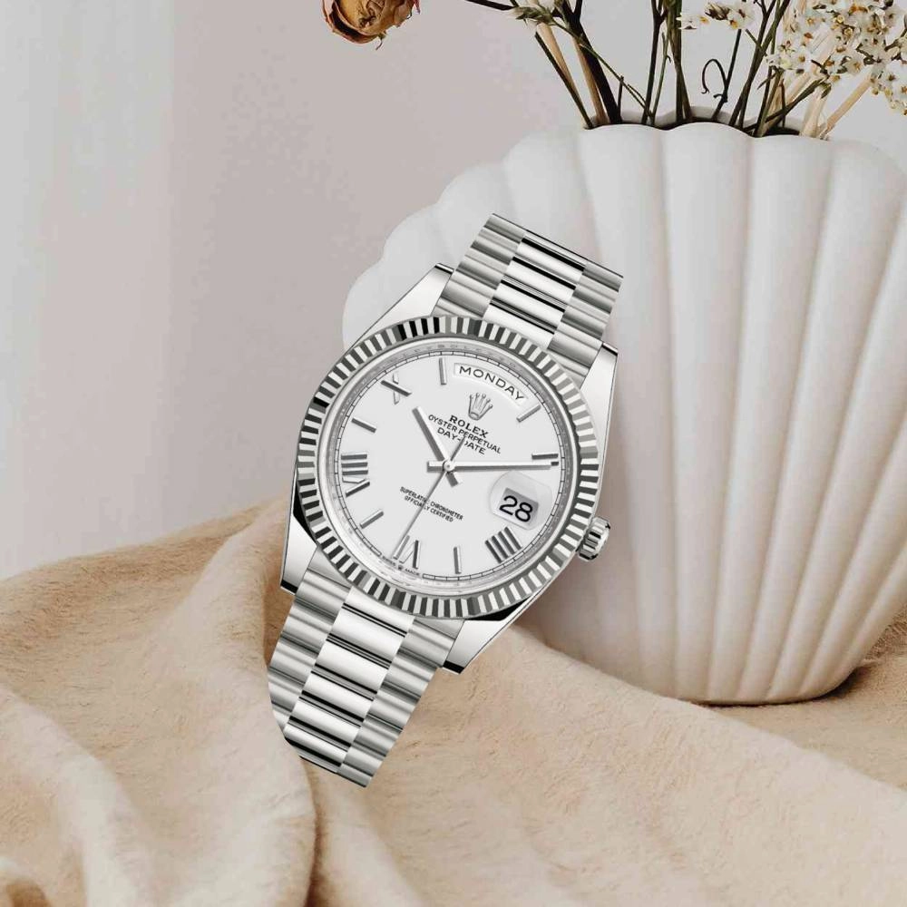 Rolex Day Date 40mm - Ref: 228239-0046 - White Roman Dial & Fluted Bezel, 18K White Gold President Bracelet Men's Watch