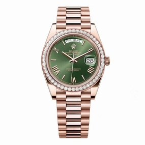 Rolex Day Date 40mm - Ref: 228345rbr-0011 - Olive Green Roman Dial & Diamond Bezel, 18K Rose Gold President Bracelet Men's Watch