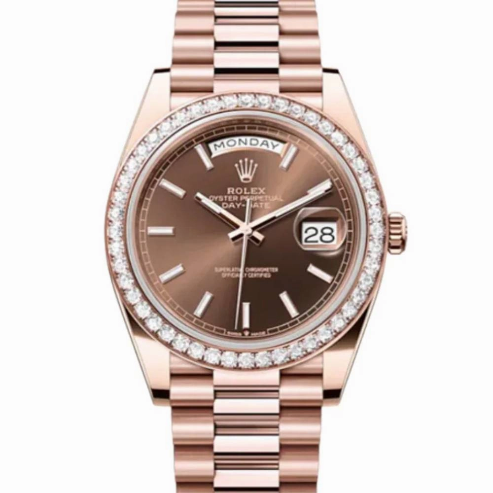 Rolex Day Date 40mm - Ref: 228345RBR - Chocolate Stick Dial & Diamond Bezel, 18K Rose Gold President Bracelet Men's Watch