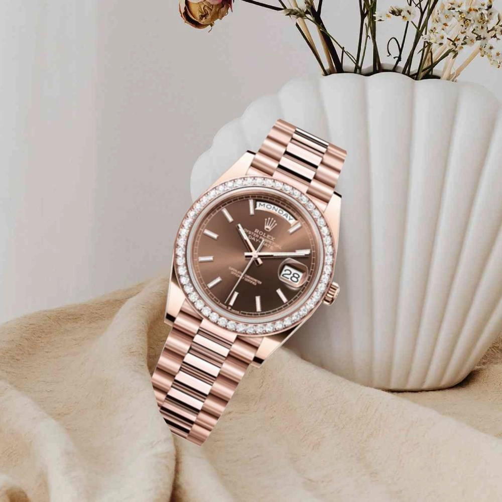 Rolex Day Date 40mm - Ref: 228345RBR - Chocolate Stick Dial & Diamond Bezel, 18K Rose Gold President Bracelet Men's Watch