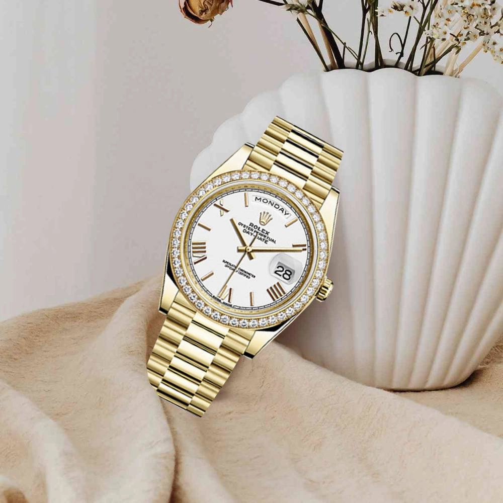 Rolex Day Date 40mm - Ref: 228348rbr-0034 - White Roman Dial & Diamond Bezel, 18K Yellow Gold President Bracelet Men's Watch