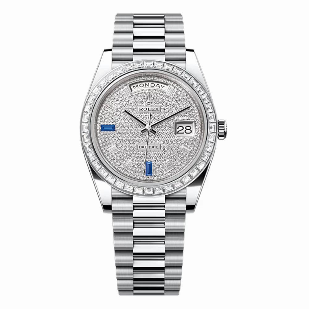 Rolex Day Date 40mm - Ref: 228396tbr-0021 - Pave Diamond / Sapphire Dial & Diamond Bezel, Platinum President Bracelet Men's Watch