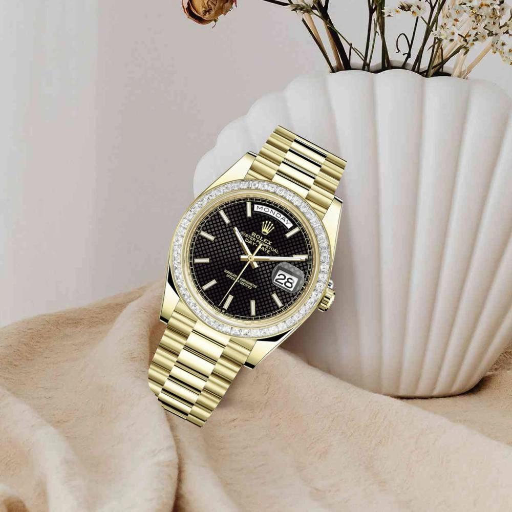 Rolex Day Date 40mm - Ref: 228398tbr-0004 - Black Diagonal Motif Stick Dial & Diamond Bezel, 18K Yellow Gold President Bracelet Men's Watch