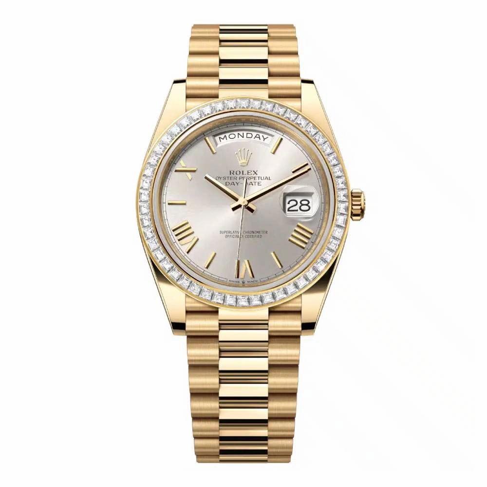 Rolex Day Date 40mm - Ref: 228398tbr-0006 - Silver Roman Dial & Diamond Bezel, 18K Yellow Gold President Bracelet Men's Watch