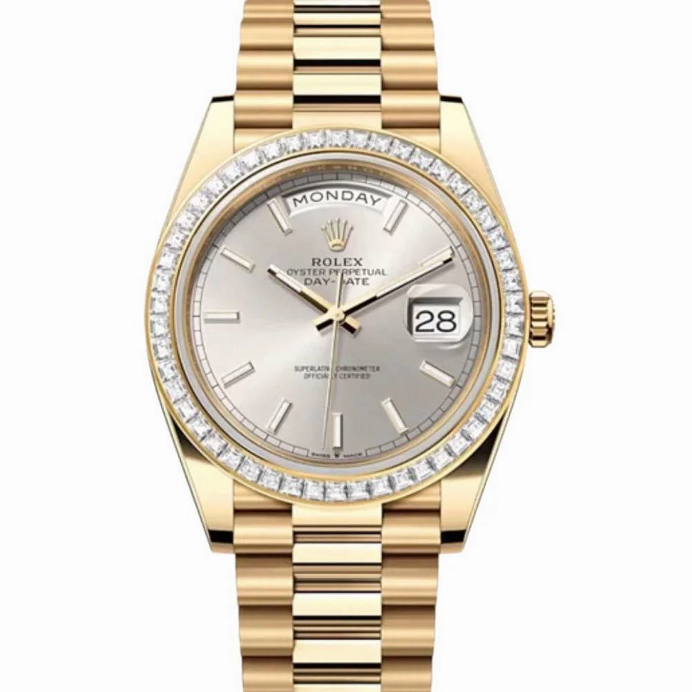Rolex Day Date 40mm - Ref: 228398TBR - Silver Stick Dial & Diamond Bezel, 18K Yellow Gold President Bracelet Men's Watch