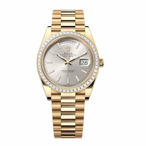Rolex Day Date 40mm - Ref: 228398TBR - Silver Stick Dial & Diamond Bezel, 18K Yellow Gold President Bracelet Men's Watch