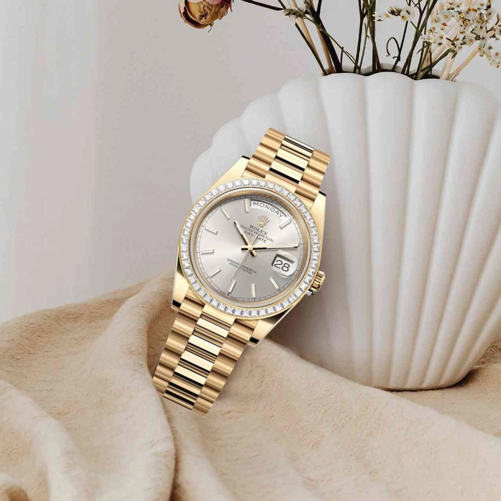 Rolex Day Date 40mm - Ref: 228398TBR - Silver Stick Dial & Diamond Bezel, 18K Yellow Gold President Bracelet Men's Watch